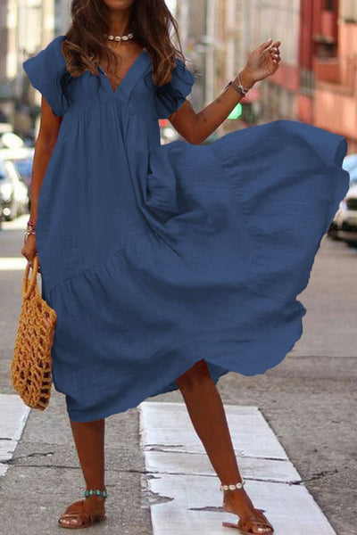 Vestido Midi em Camadas de Algodão com Decote em V